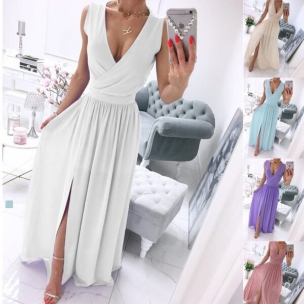 Summer V-Neck Sleeveless Dress for Women – Ankle-Length with Front Split
