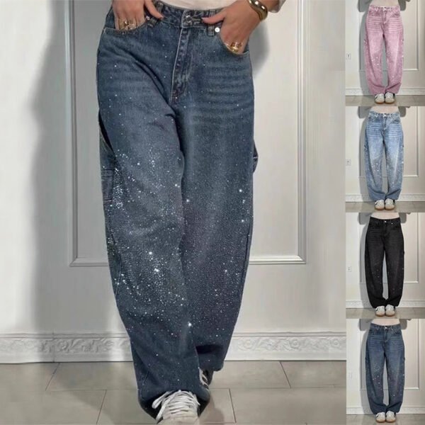 Women's Shiny Straight-Leg Jeans with Pockets – Loose Wide-Leg Street Style Trouser