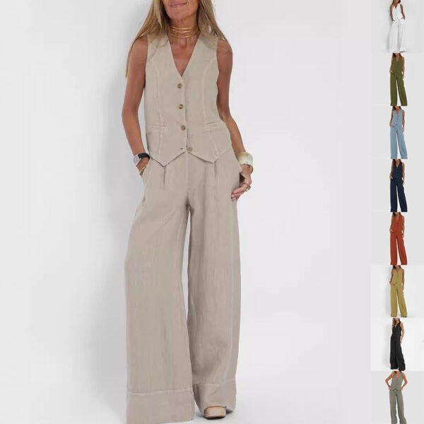 Women's Summer Vest Suit Set: V-Neck Button Sleeveless Top & Loose Straight Trousers – Casual Fashion